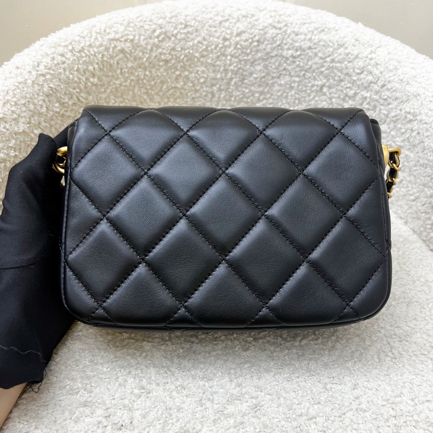 Chanel Perfect Mini Flap Bag with Pearls and Adjustable Chain in Black Lambskin and AGHW