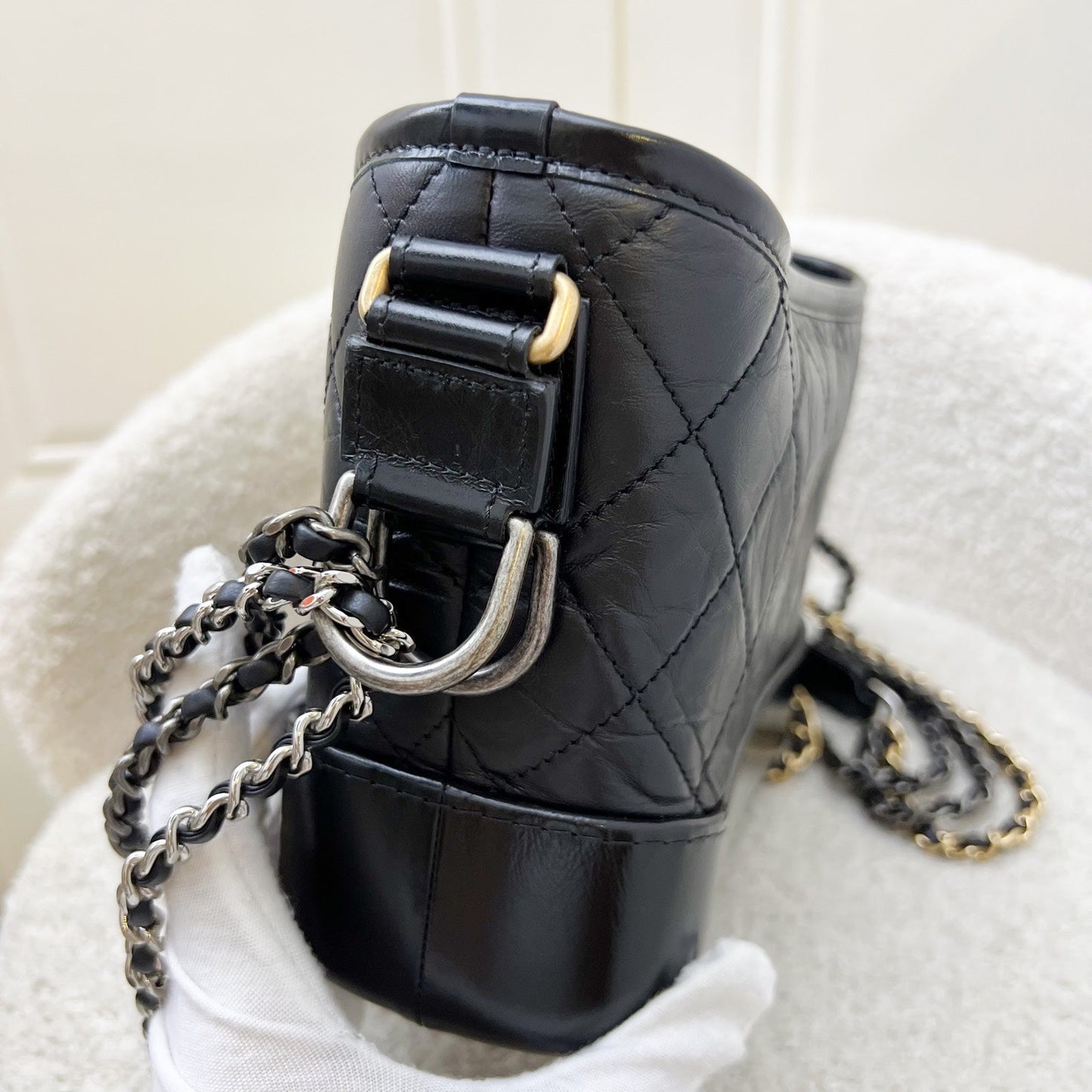Chanel Small Gabrielle Hobo in Black Distressed Calfskin and 3 tone Hardware (Model: A91810) Shoulder Bag