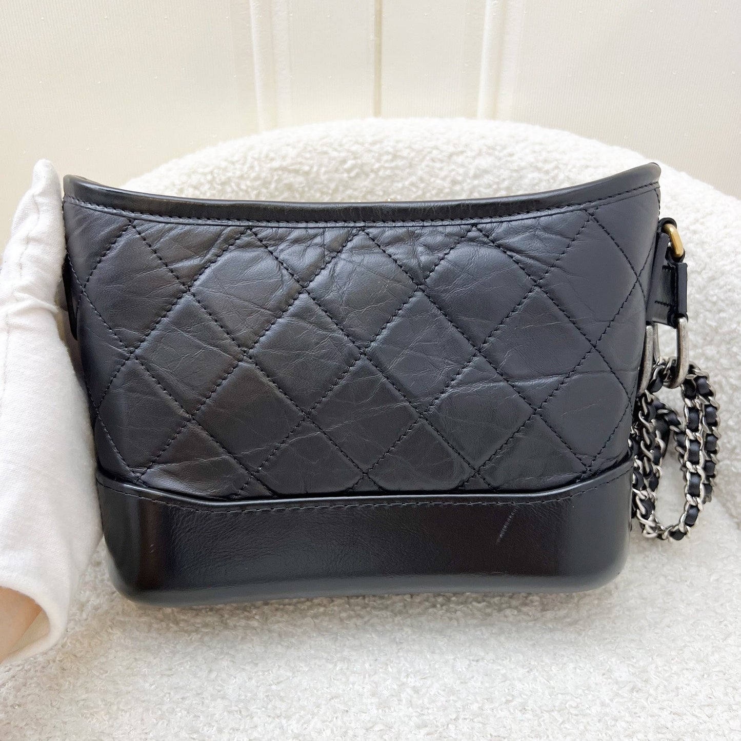 Chanel Small Gabrielle Hobo in Black Distressed Calfskin and 3 tone Hardware (Model: A91810) Shoulder Bag