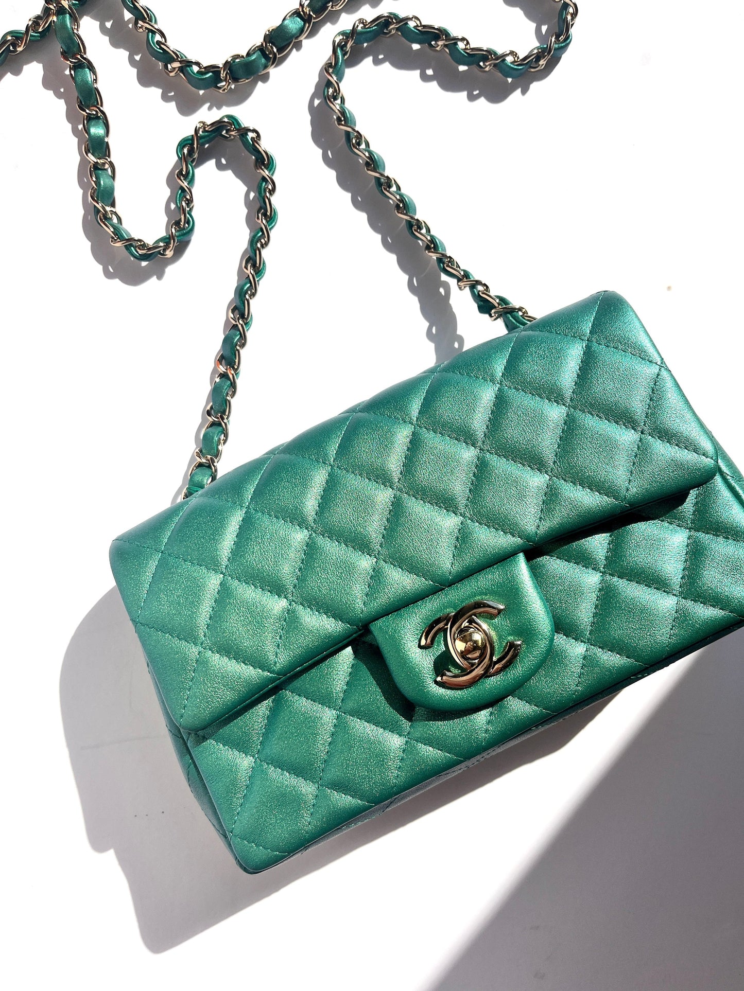 CHANEL Iridescent Green 2022 Rectangular Mini Flap Bag