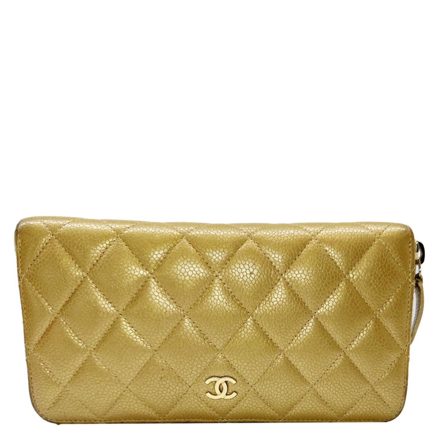 CHANEL CC Quilted Leather Zip Around Wallet Metallic Gold