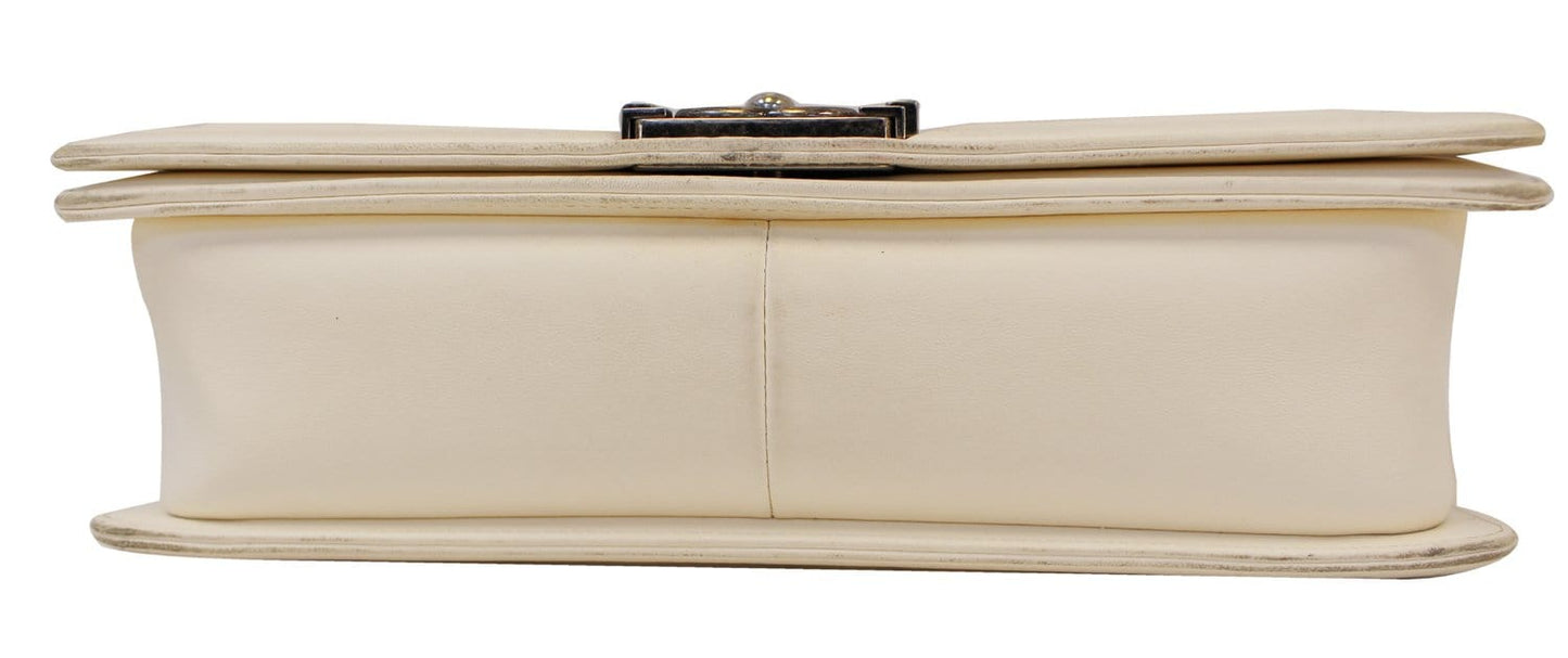 CHANEL Boy Bag - CHANEL Leather White Glazed Quilted Large
