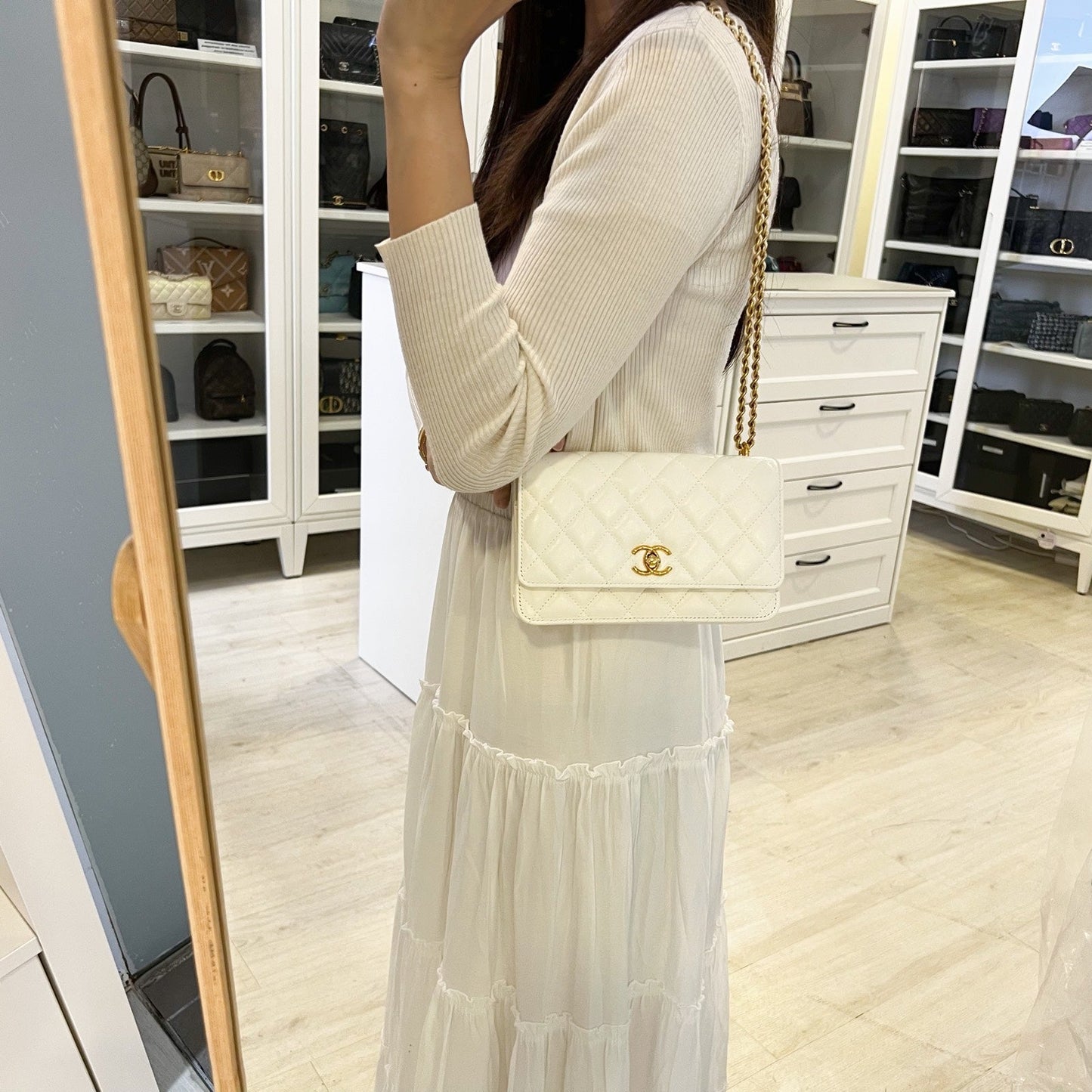 Chanel Seasonal Wallet on Chain WOC in White Lambskin and GHW (Model: AP3102) Crossbody