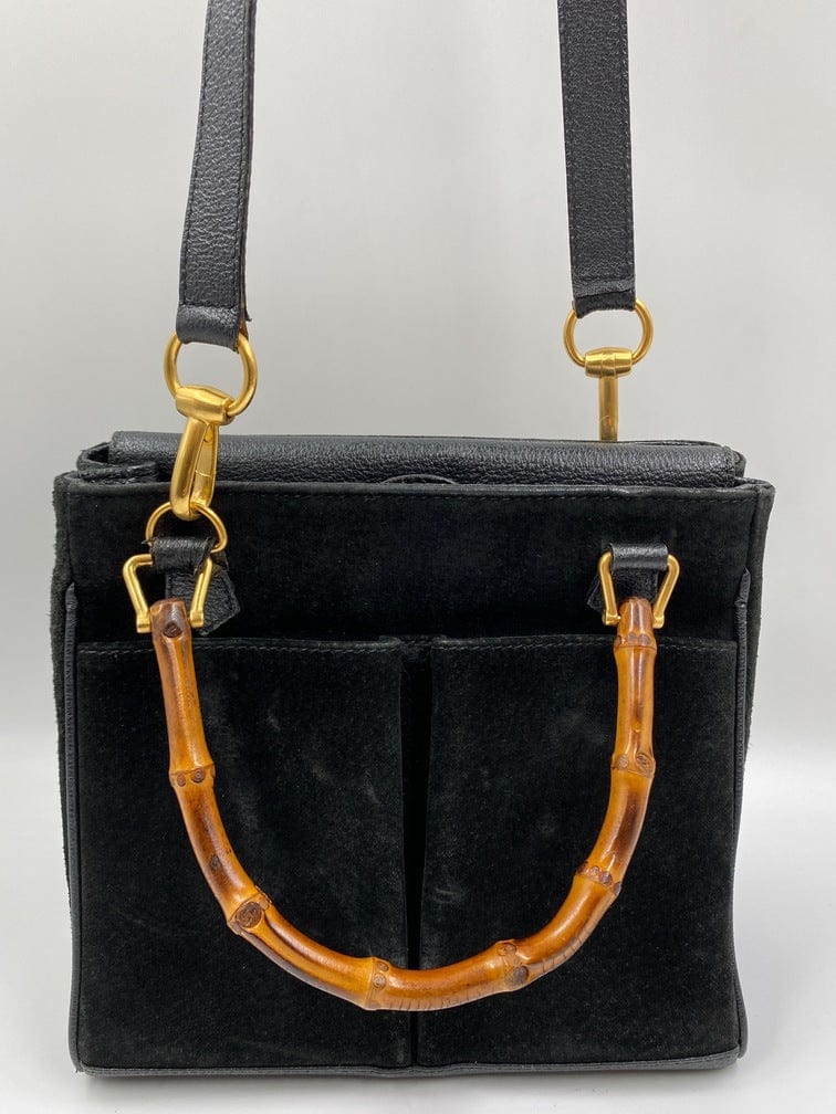 Gucci Bamboo Black Leather Suede Tote Style 1