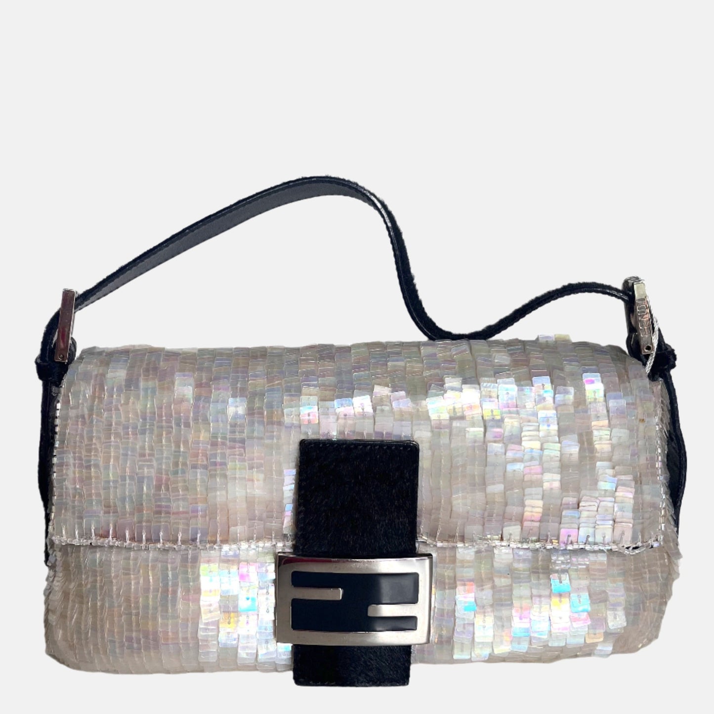 Fendi Baguette Gold Translucent Sequins with Pony-style Leather Strap