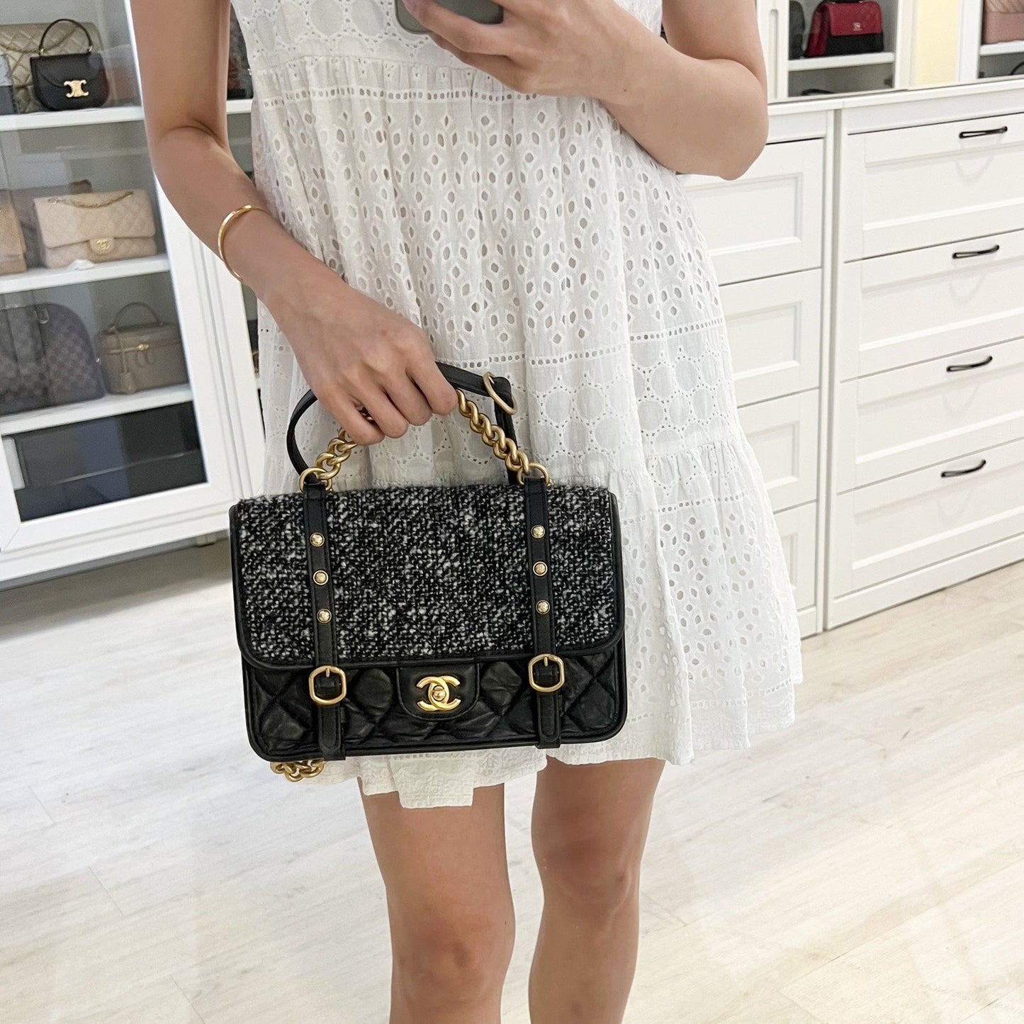 Chanel 21B Messenger Flap Bag in Black and White Tweed, Calfskin and AGHW