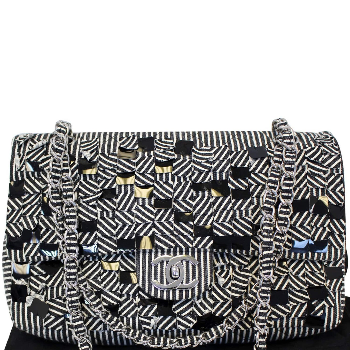 CHANEL Black/White Striped Medium Flap Shoulder Bag - Sale