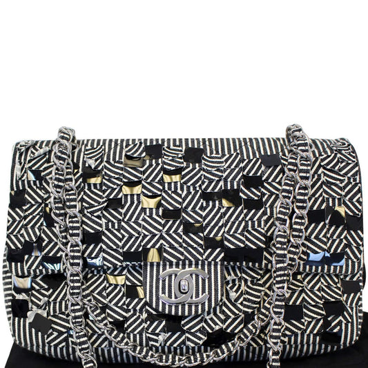 CHANEL Black/White Striped Medium Flap Shoulder Bag - Sale