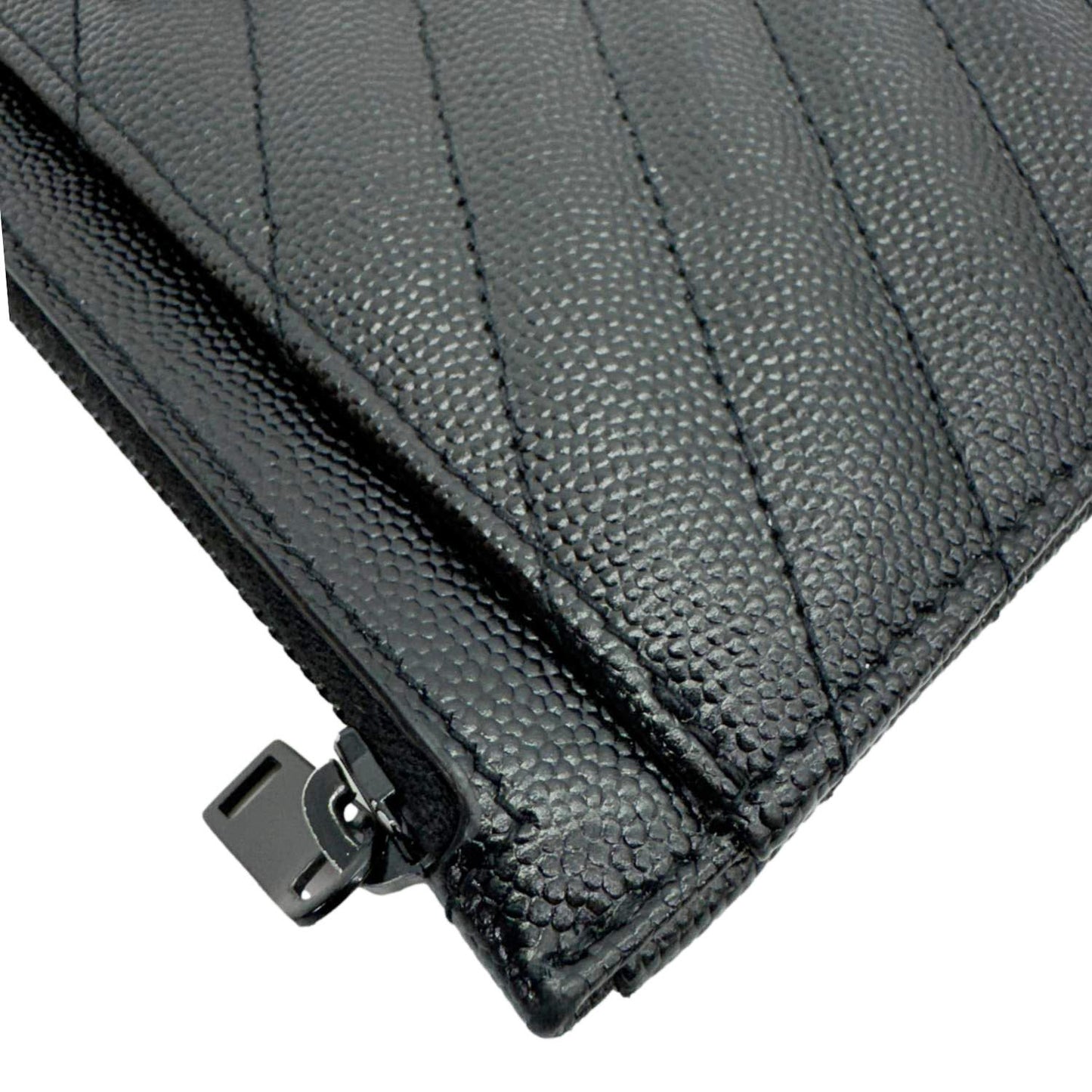 YVES SAINT LAURENT Monogram Bill Grain De Poudre Chevron Leather Zip Pouch Black