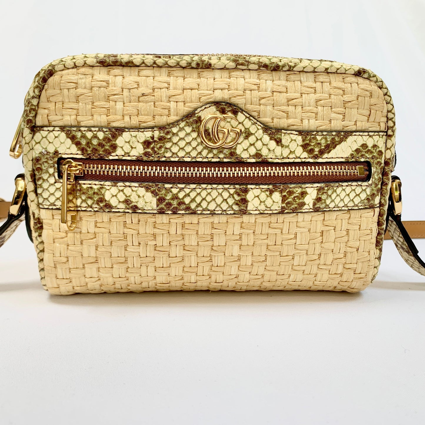 Gucci Mini GG Ophidia Straw Shoulder Bag with Printed Trim in Beige and Green