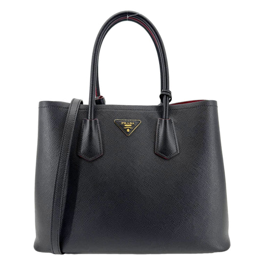 PRADA Double Handle Medium Saffiano Leather Shoulder Bag Black