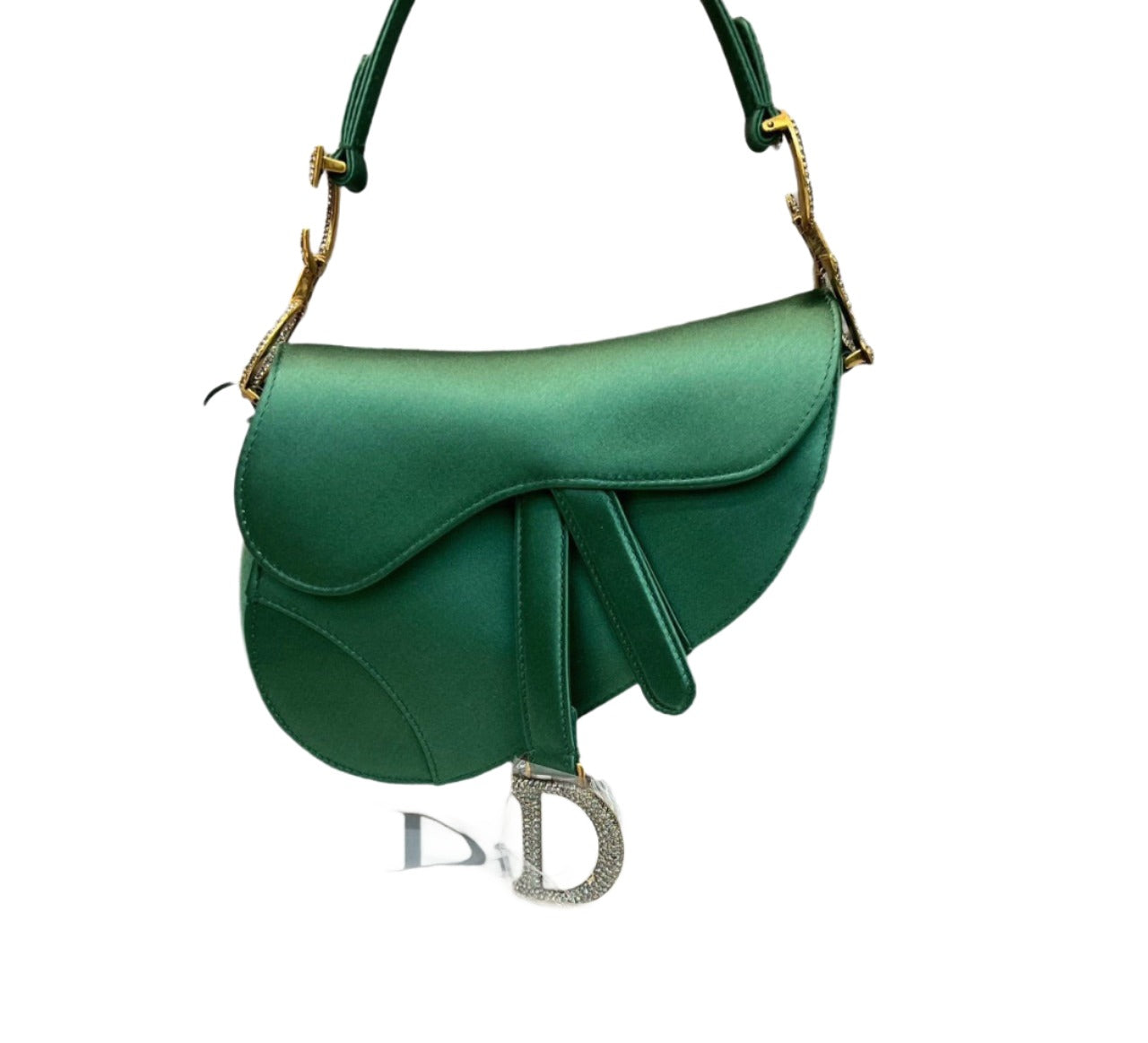 Dior Saddle Mini Silk Emerald Green with crystals
