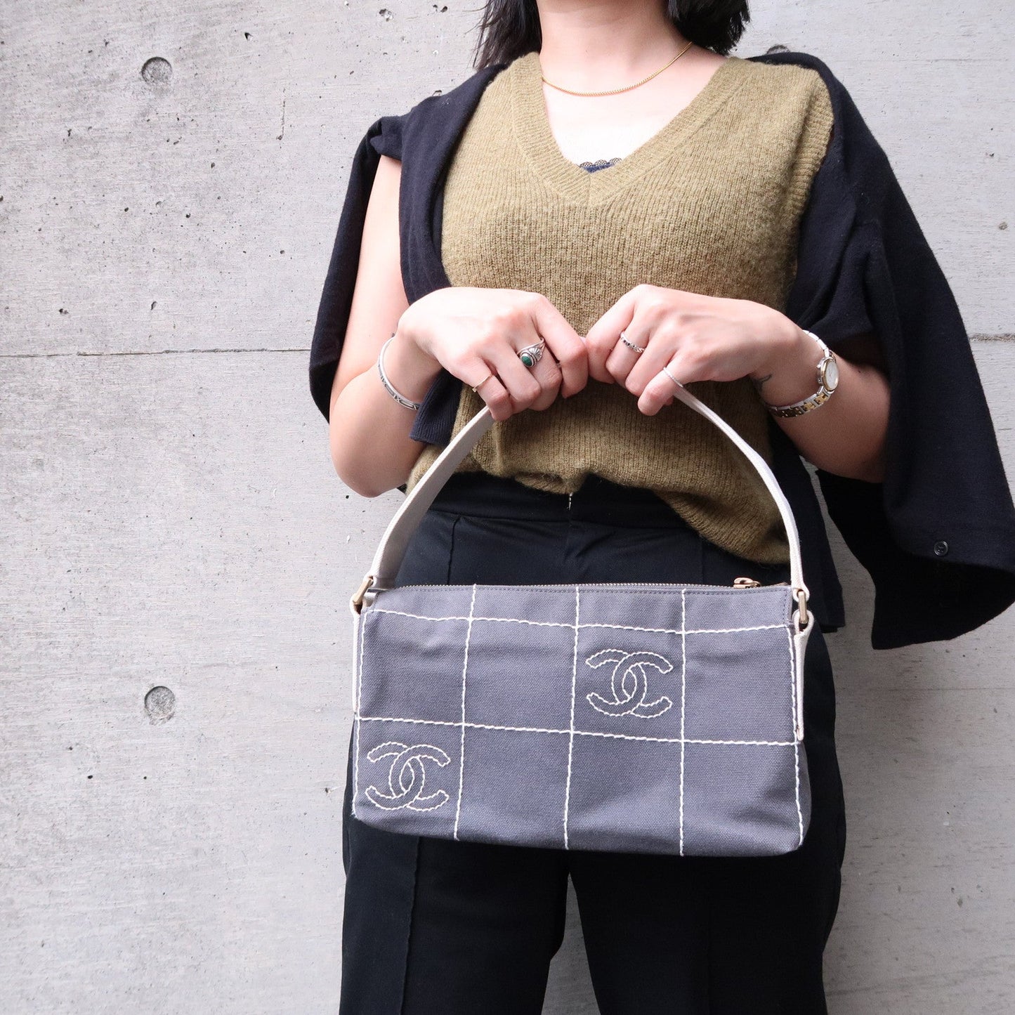 CHANEL Chocolate Bar Wild Stitch Canvas Hand Bag Gray