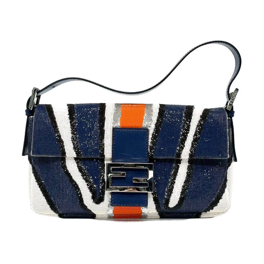 FENDI Baguette Zebra-Stripe Sequin Blue Orange White