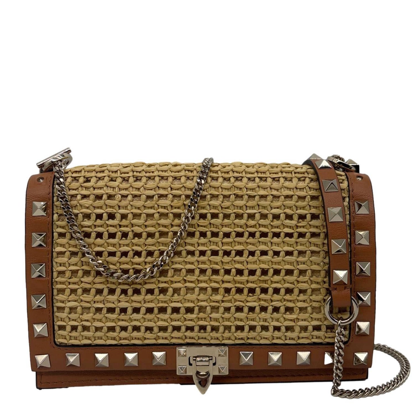 VALENTINO Garavani Rockstud Raffia Wallet On Chain Crossbody Bag Tan