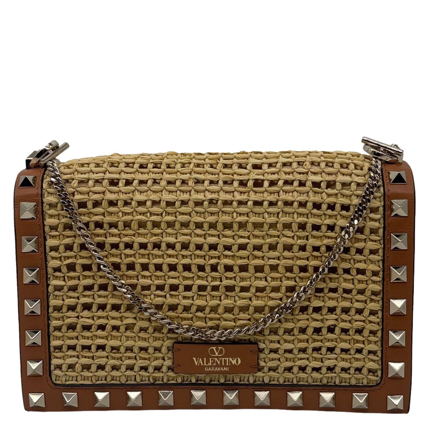 VALENTINO Garavani Rockstud Raffia Wallet On Chain Crossbody Bag Tan