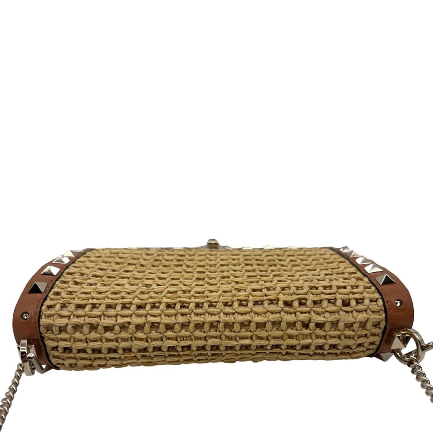 VALENTINO Garavani Rockstud Raffia Wallet On Chain Crossbody Bag Tan