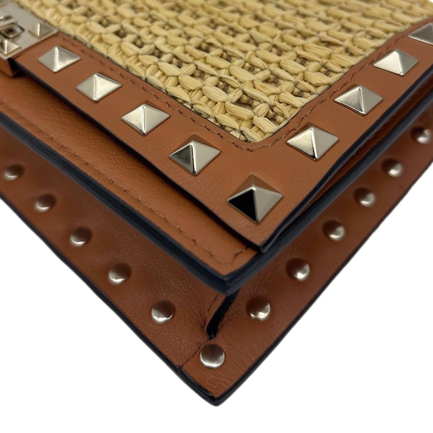 VALENTINO Garavani Rockstud Raffia Wallet On Chain Crossbody Bag Tan