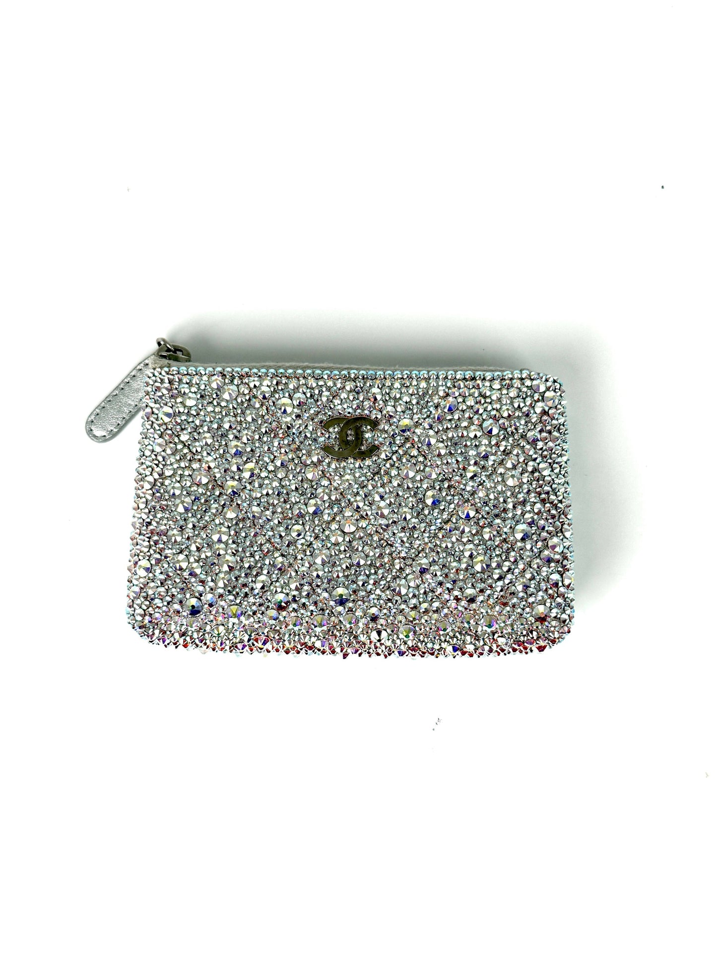 CHANEL Silver Swarovski Crystal Leather Key Pouch Case Holder Clutch