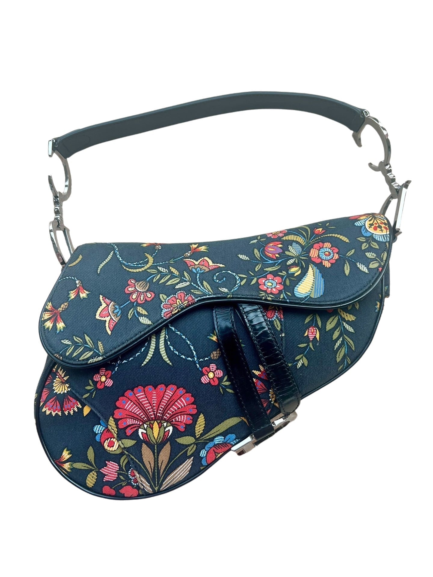 Dior Saddle Black Denim with Floral Embroidery John Galliano Design