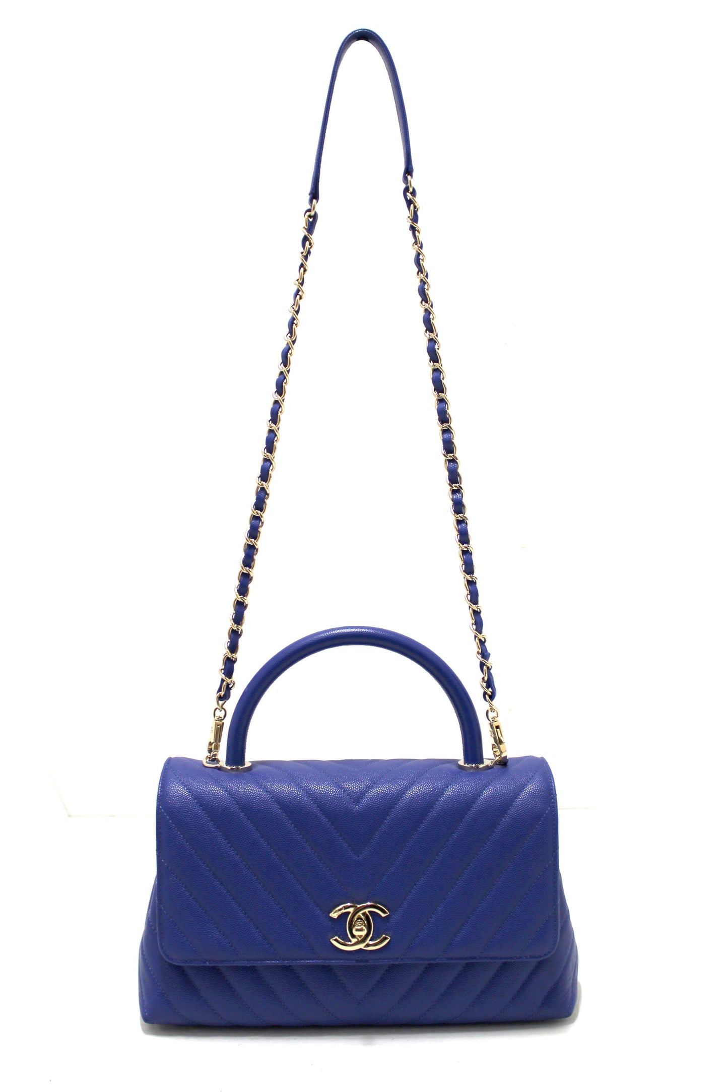 Chanel Blue Chevron Caviar Leather Medium CoCo Handle Flap Bag