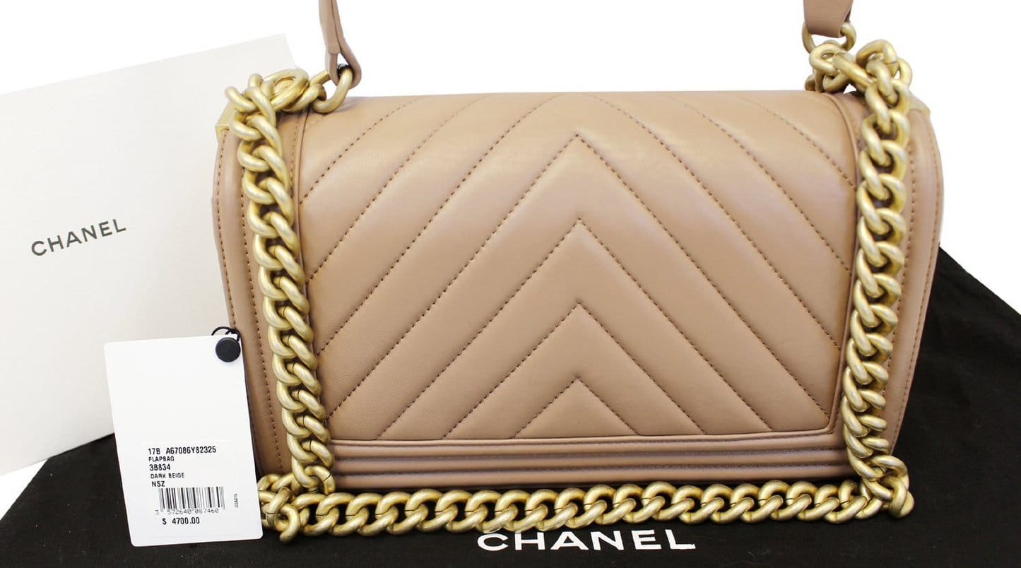 CHANEL Calfskin Chevron Quilted Dark Beige Medium Boy Flap Bag