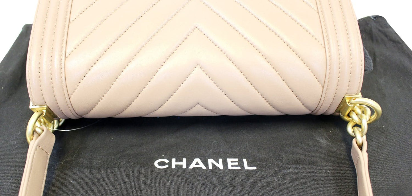 CHANEL Calfskin Chevron Quilted Dark Beige Medium Boy Flap Bag