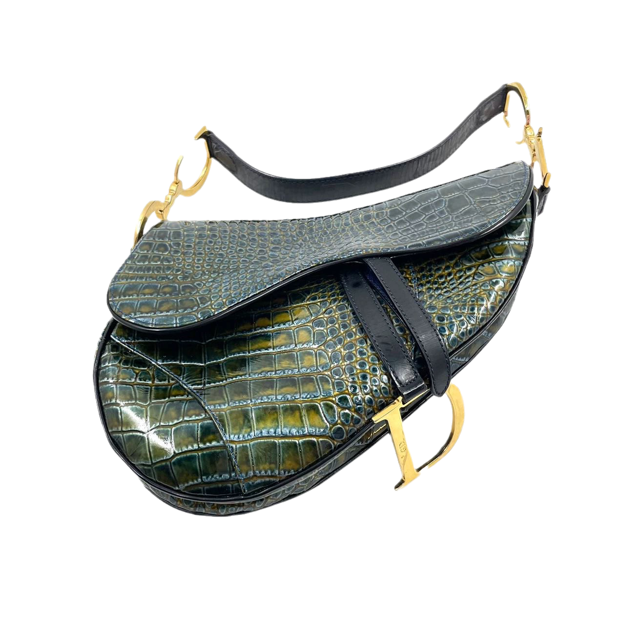Dior Saddle Green Medium Crocodile embossed Leather Handbag