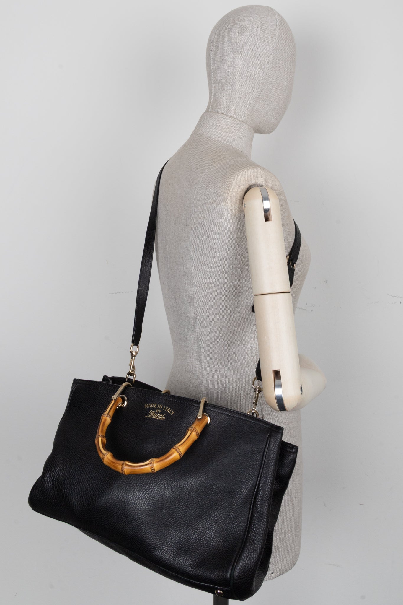 GUCCI 2 Way Bamboo Top Handle Bag Black
