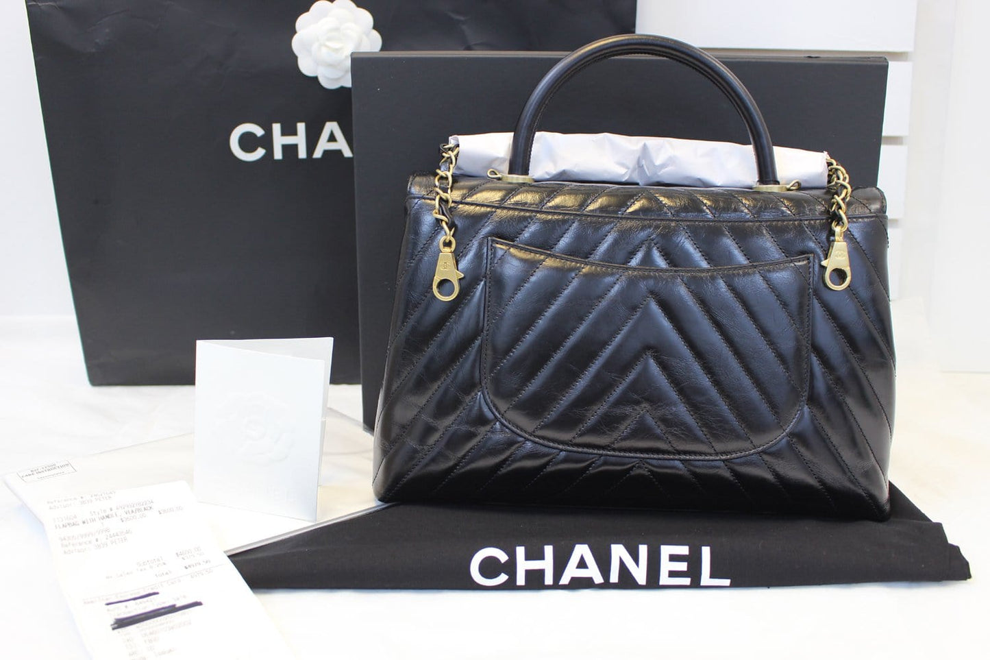CHANEL Handle Bag Black Leather Quilted Lambskin Chevron Top