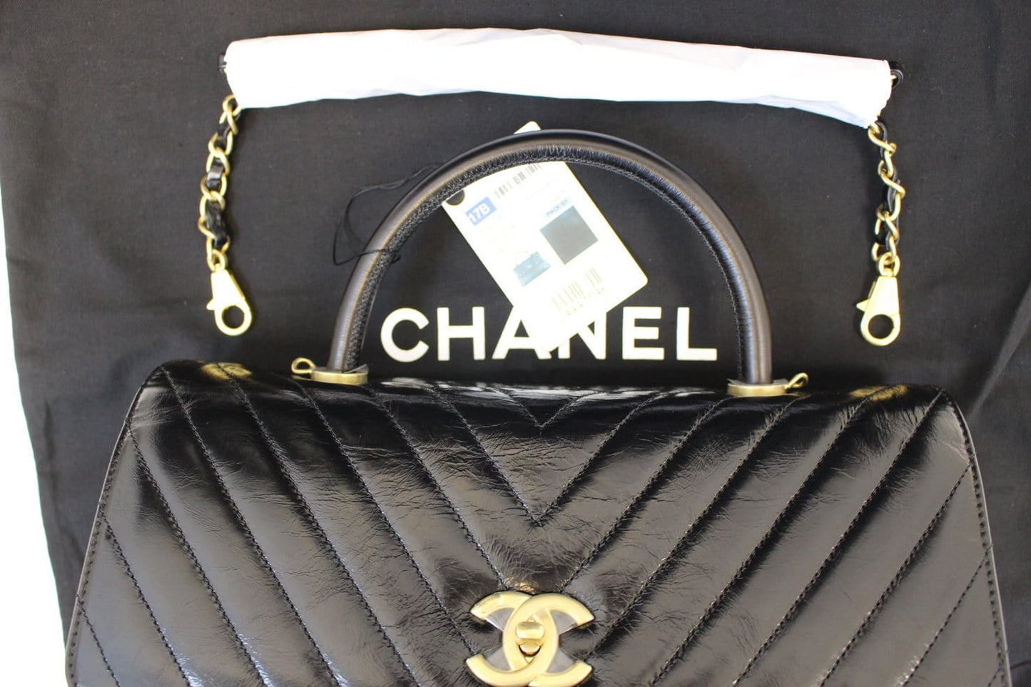CHANEL Handle Bag Black Leather Quilted Lambskin Chevron Top