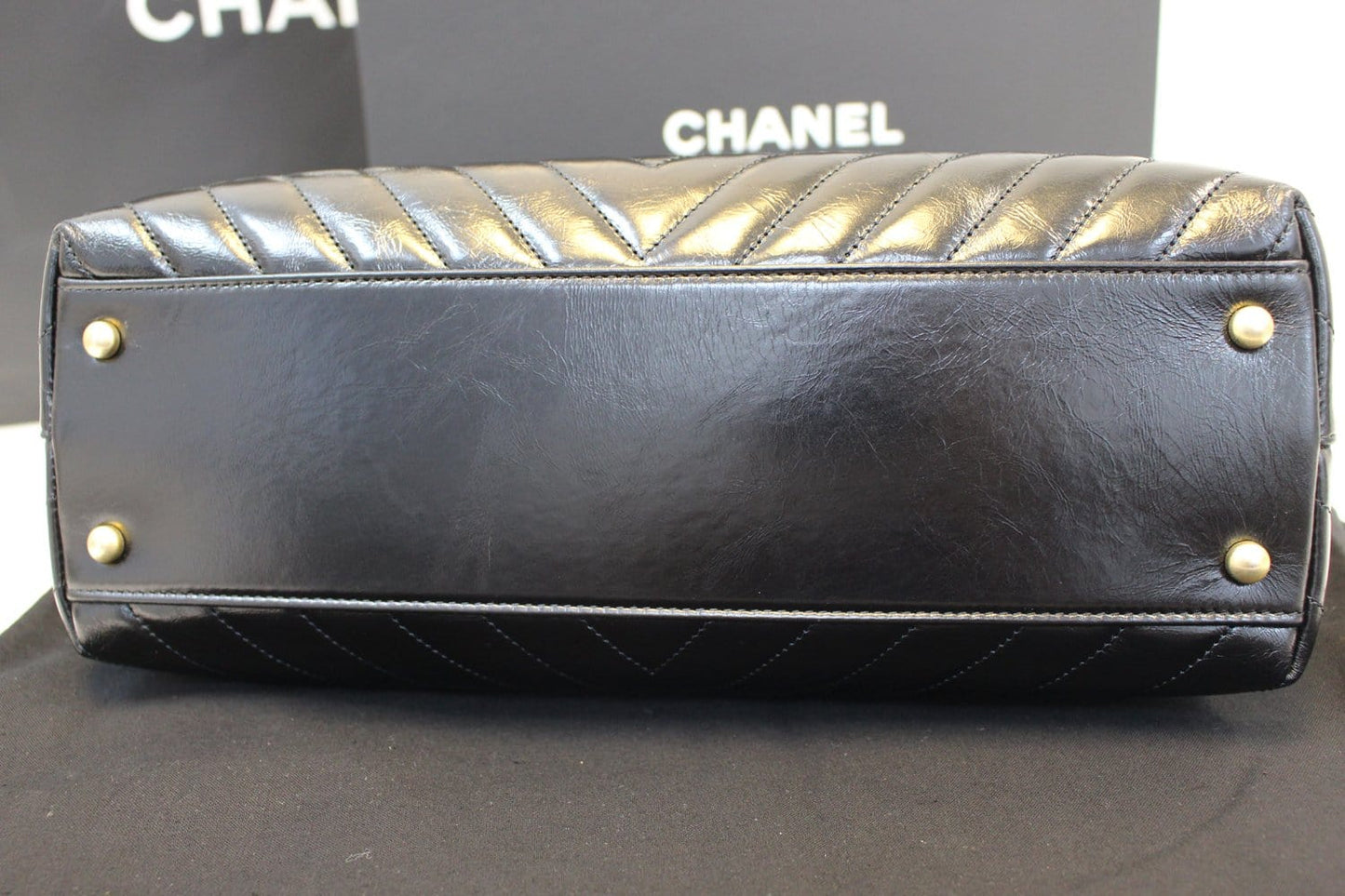 CHANEL Handle Bag Black Leather Quilted Lambskin Chevron Top