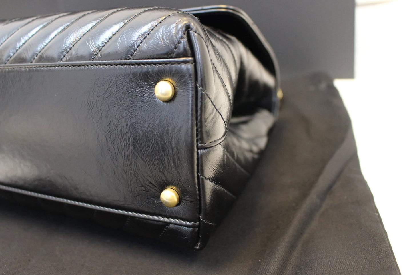 CHANEL Handle Bag Black Leather Quilted Lambskin Chevron Top