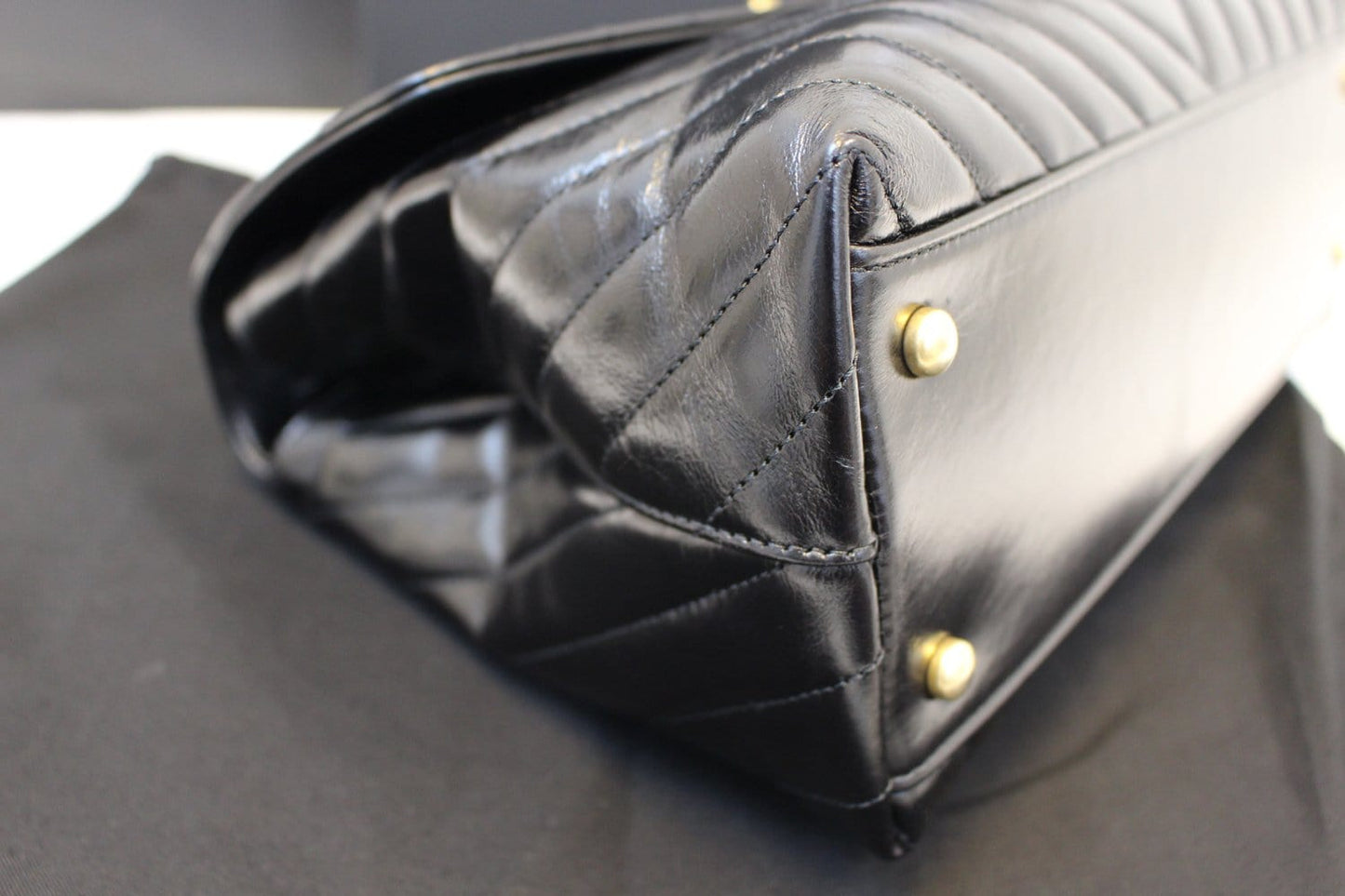 CHANEL Handle Bag Black Leather Quilted Lambskin Chevron Top