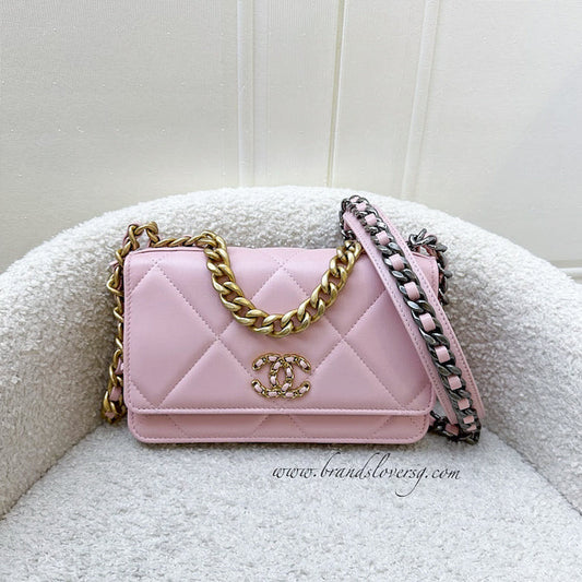 Chanel 19 Wallet on Chain WOC in 22B Pink Lambskin and 3-Tone HW (Model: AP0957) Crossbody