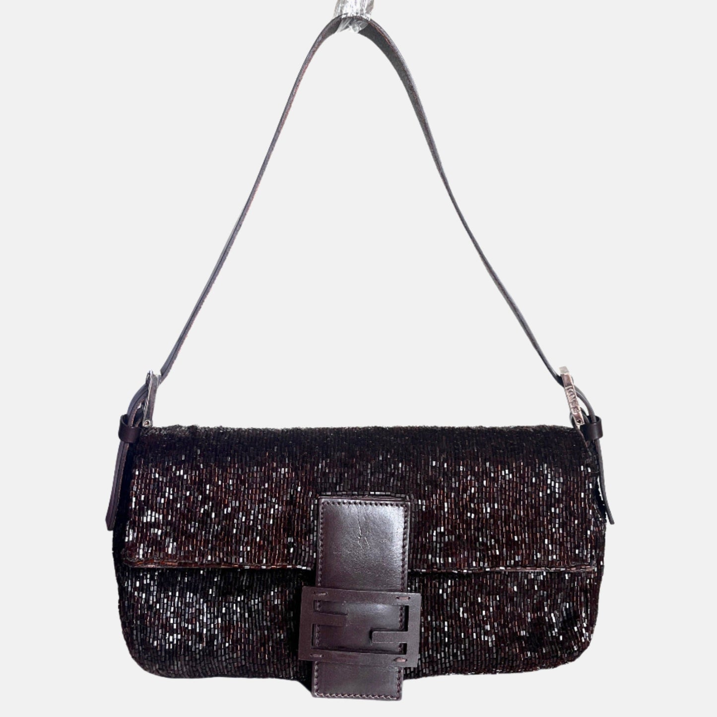 Fendi Baguette Vintage Dark Chocolate Brown Glitter Beads