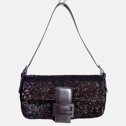 Fendi Baguette Vintage Dark Chocolate Brown Glitter Beads
