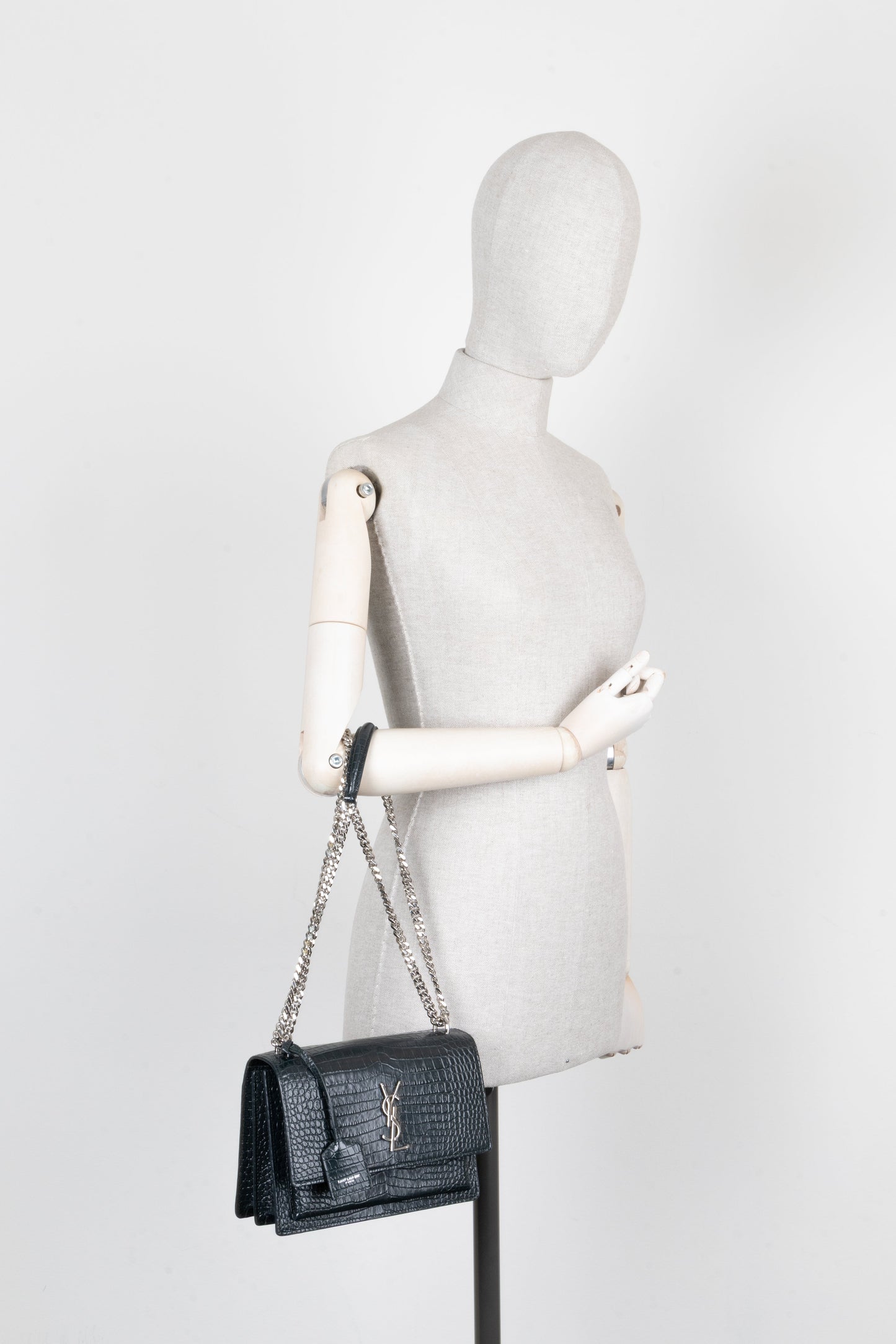 SAINT LAURENT Sunset Crossbody Bag Croc Embossed Green