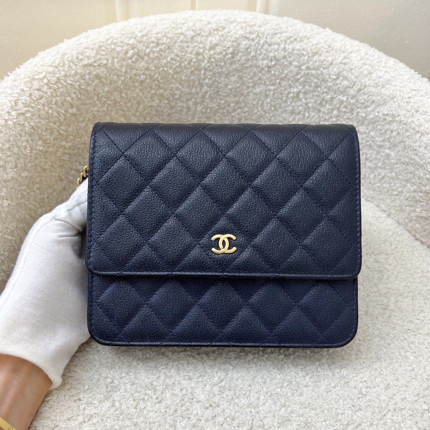 Chanel Square Wallet on Chain WOC in Navy Embossed Calfskin and AGHW (Model: A84310) Crossbody