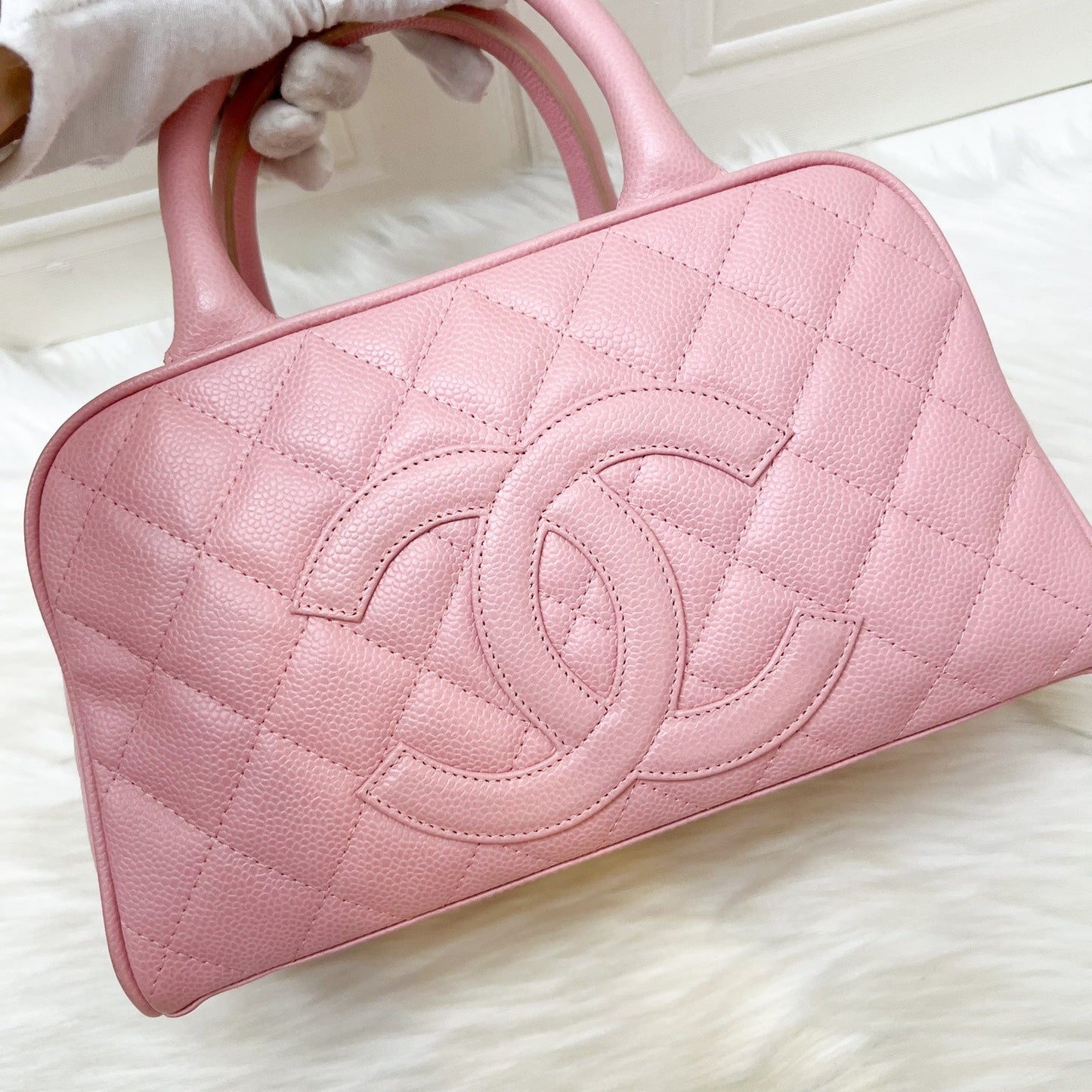 Chanel Mini Boston Bowling Bag in Pink Caviar and Gold HW