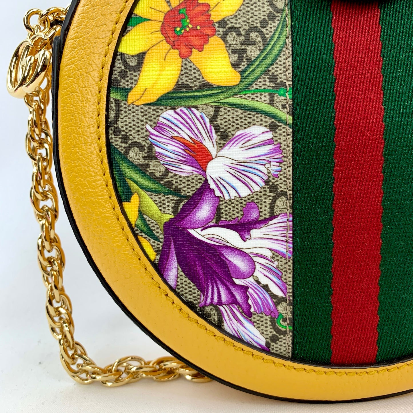Gucci Mini Ophidia GG Flora Round Shoulder Bag in Yellow