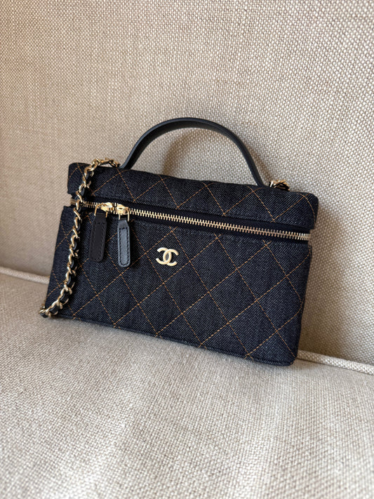 CHANEL Long Classic Vanity Dark Quilted Zip Top Handle Crossbody with Chain Bag New