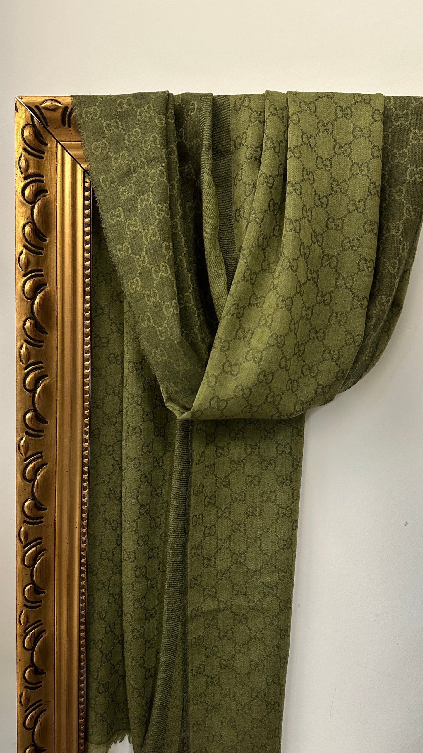 GUCCI Logo Scarf Wool Silk Olive Green