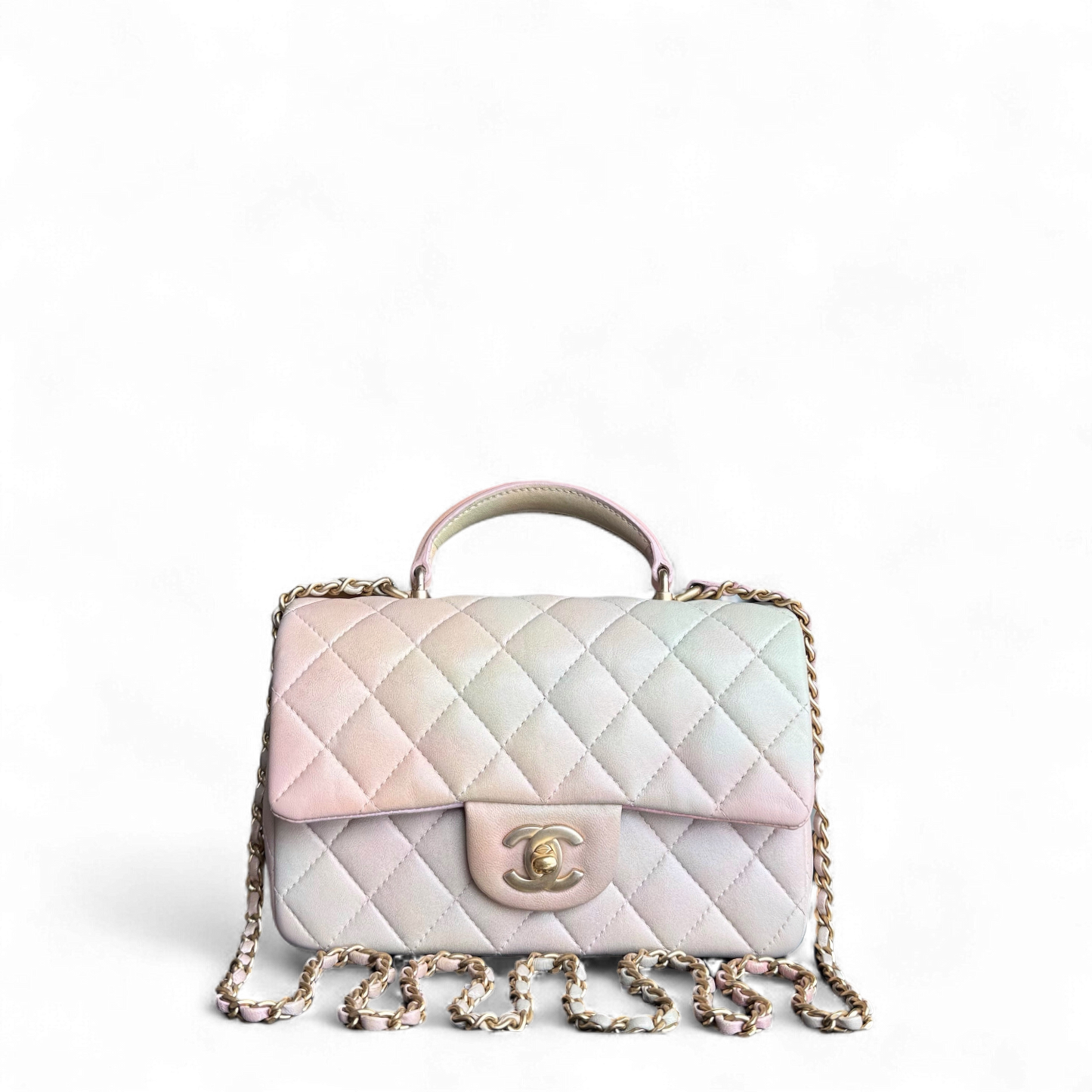 Chanel Classic Flap Mini Top Handle -Quilted Lambskin Ombre Rainbow Gold Hardware Microchip