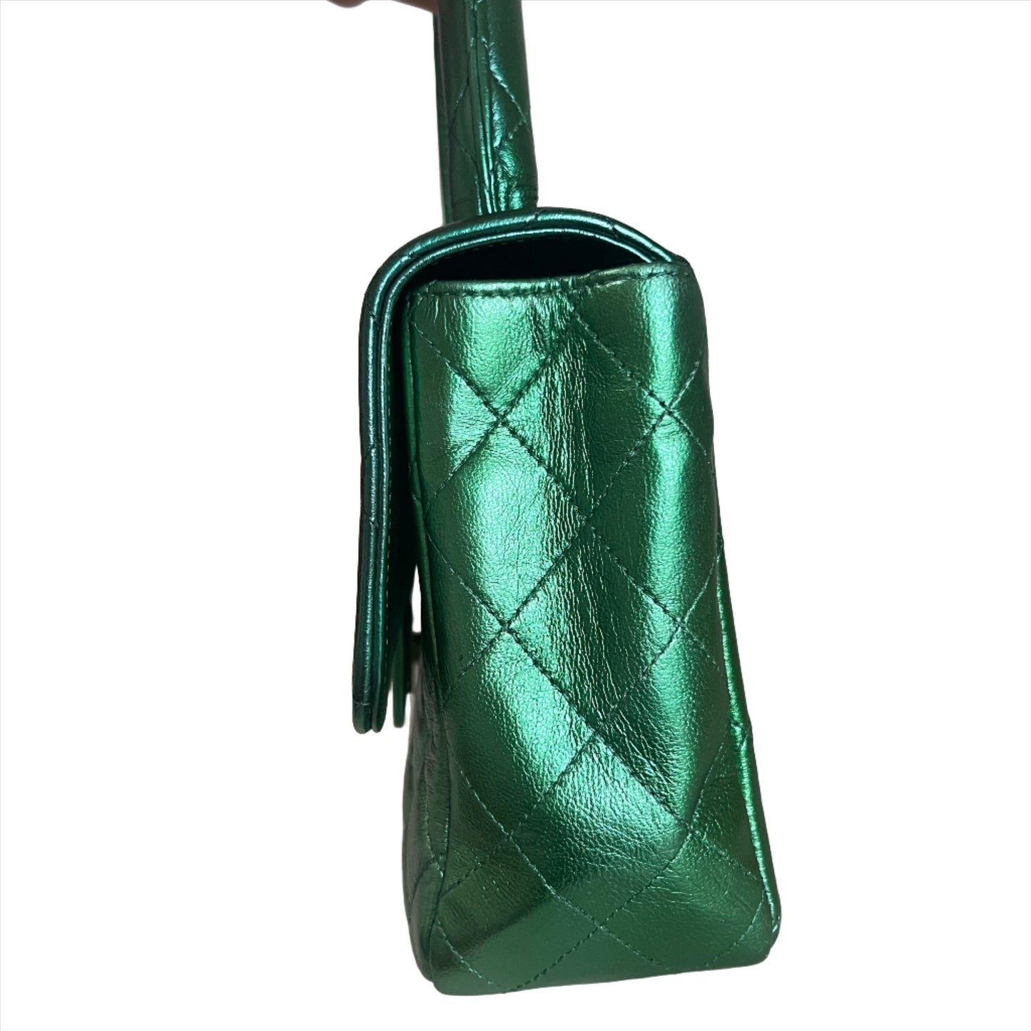 Chanel 1994 Classic Flap Kelly Top Handle Bag Medium Metallic Green Lambskin Leather