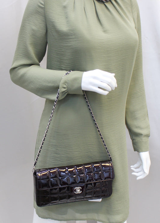 CHANEL Plum Patent Leather Square Stitch CC Shoulder Bag