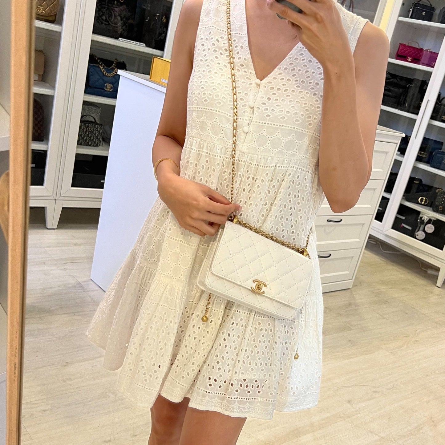 Chanel 24C Double Pearl Adjustable Chain Wallet on Chain WOC in White Calfskin and AGHW (Model: AP2289) Crossbody