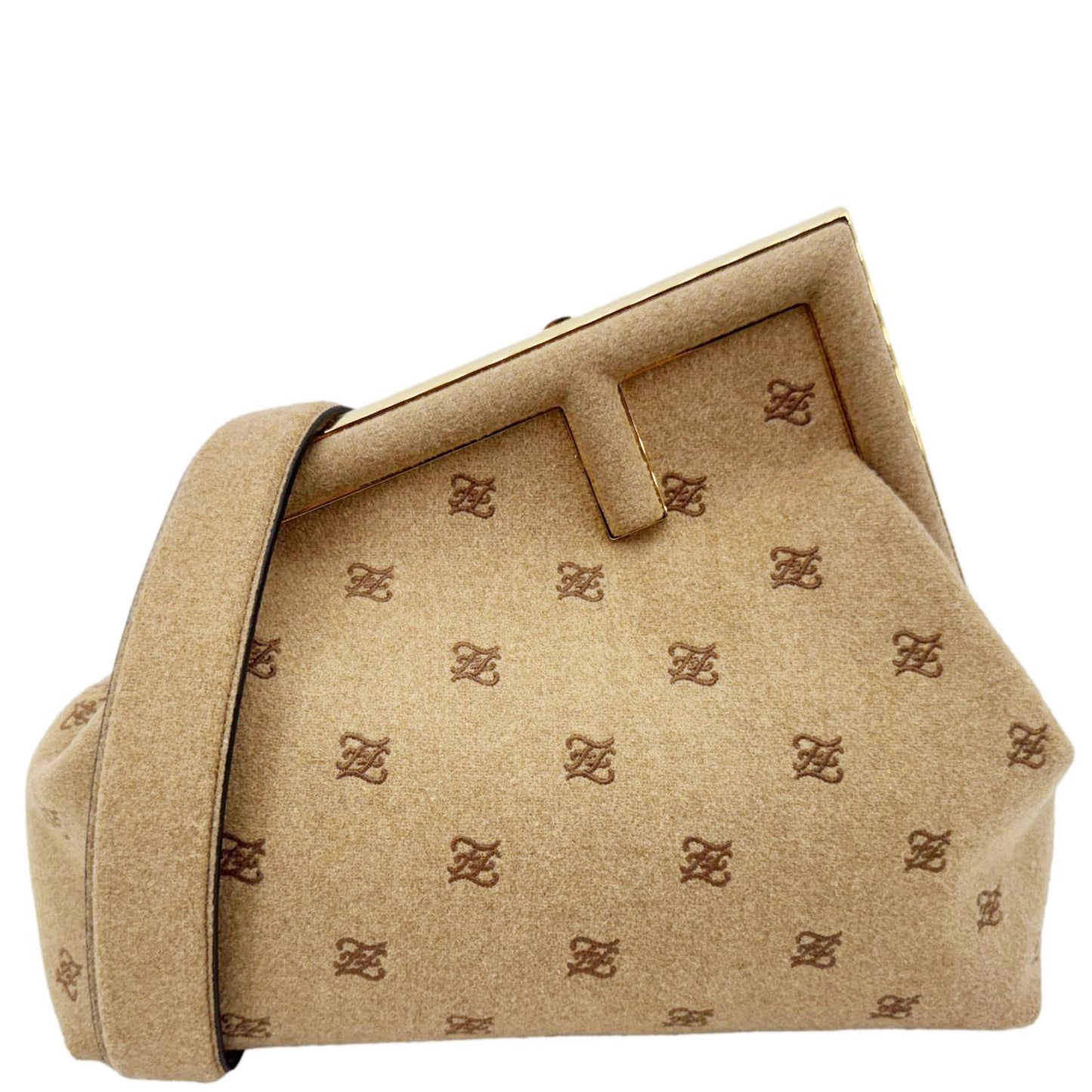FENDI First Medium Karligraphy-Embroidered Flannel Shoulder Bag Camel
