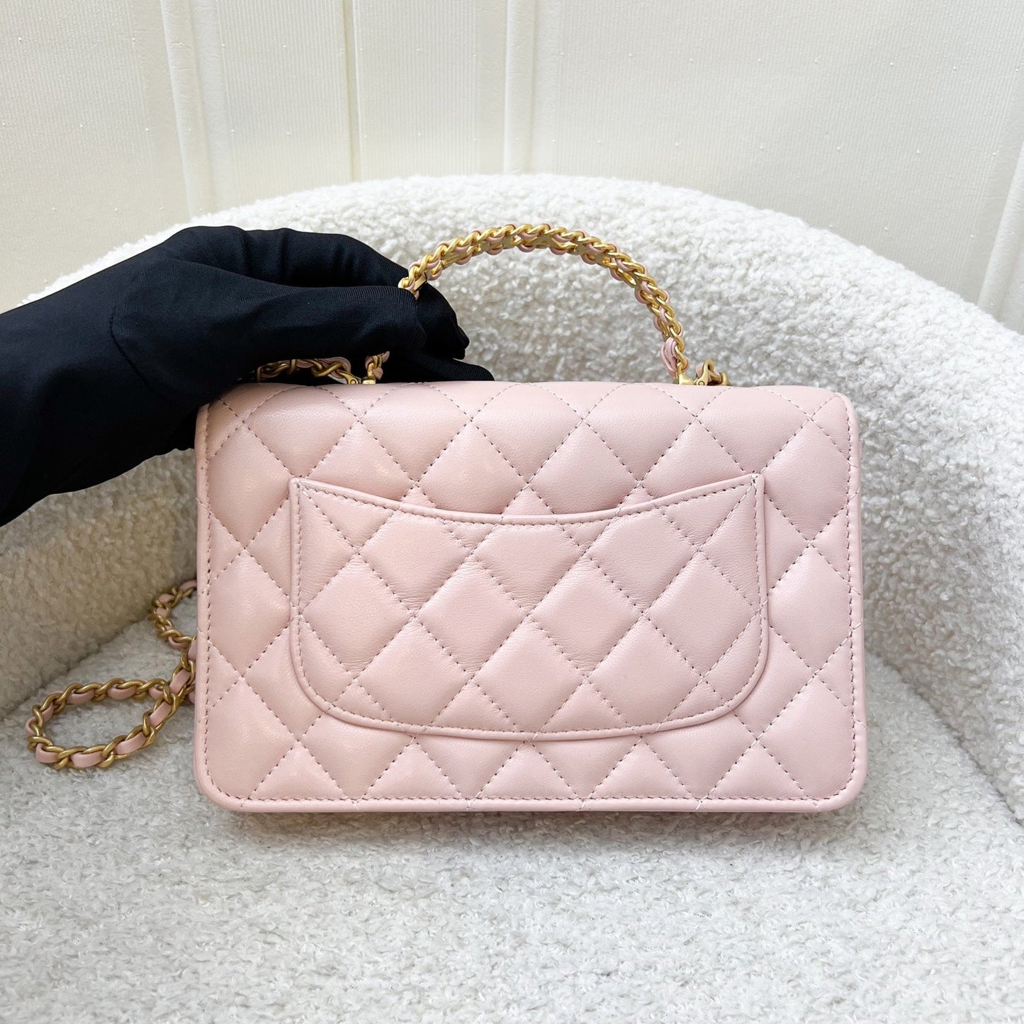 Chanel 24C Top Handle Wallet on Chain WOC in Rose Clair Pink Lambskin and AGHW (Model: AP3664) Crossbody