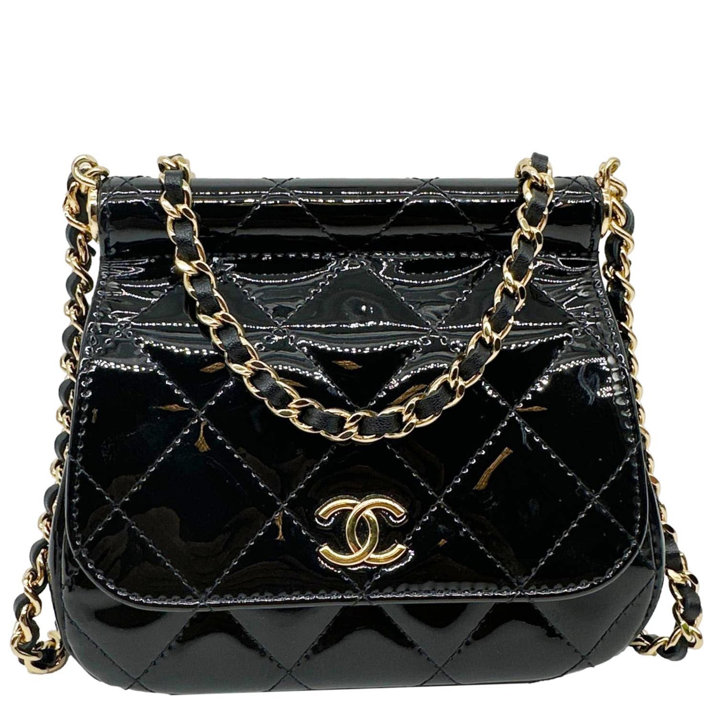 CHANEL Frame Clutch Flap With Chain Quilted Patent Leather Crossbody Bag Black